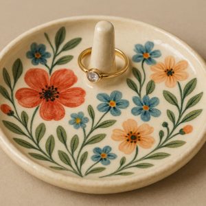 11 Ceramic Ring Dish and Jewelry Tray with Glazed Floral Pattern