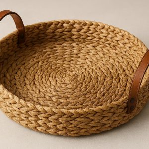 Handwoven Seagrass Round Decorative Catchall Tray with Leather Handles