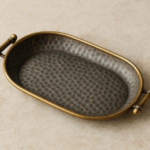 Vintage Inspired Hammered Metal Trinket Tray with Brass Accents