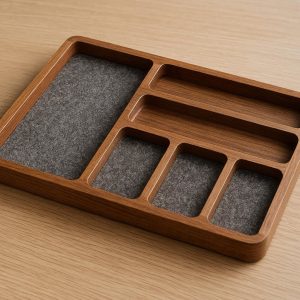 Felt and Wood Decorative Desktop Organizer Tray with Multiple Sections