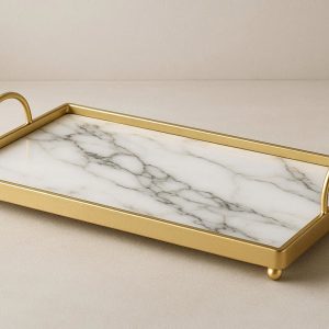Marble and Gold Metal Decorative Tray for Vanity Desk Entryway